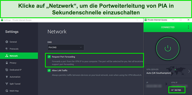 Screenshot der Windows-App von PIA, der zeigt, wie die Portweiterleitung im Menü Netzwerkeinstellungen aktiviert wird.