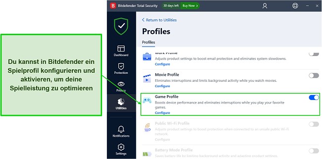 Aktivieren des Spielprofils von Bitdefender