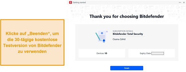 Screenshot der Bitdefender-Schaltfläche zum Abschließen der Registrierung für die kostenlose Testversion