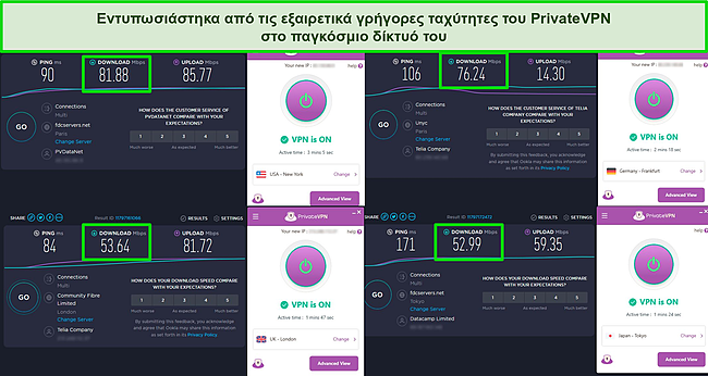 Στιγμιότυπο οθόνης δοκιμών ταχύτητας PrivateVPN που εμφανίζουν διακομιστές στις ΗΠΑ, το Ηνωμένο Βασίλειο, τη Γερμανία και την Ιαπωνία.