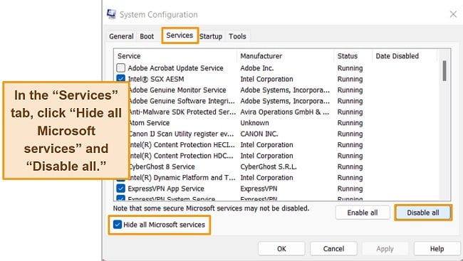 Screenshot of Windows System Manager showing the Services tab, with directions on how to hide Microsoft services and Disable all services