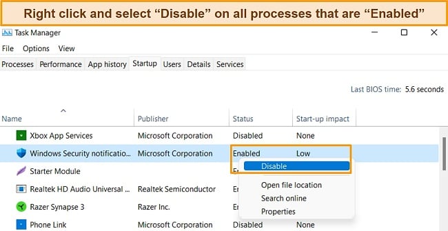 Screenshot of Windows Task Manager showing how to disable currently enabled processes