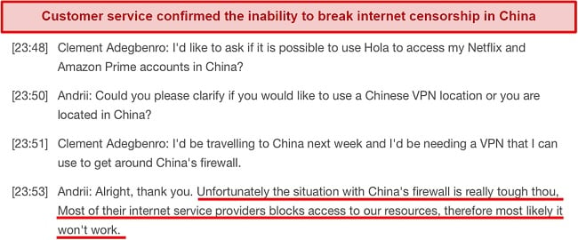 Screenshot of customer support response about Hola VPN's inefficiency in China