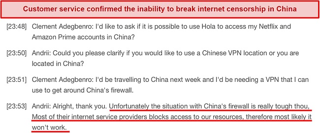 Screenshot of customer support response about Hola VPN's inefficiency in China