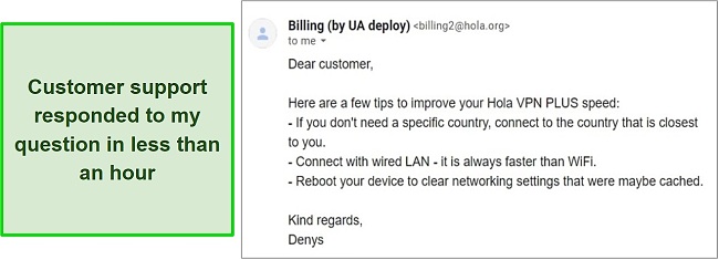 Screenshot of customer support response