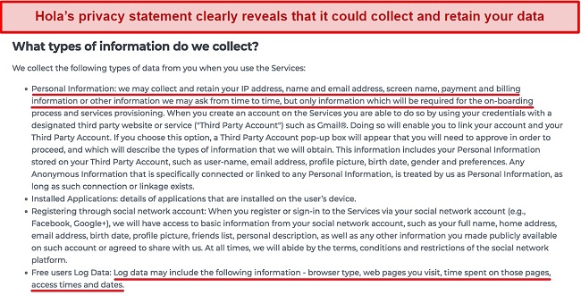 Screenshot of a section of Hola VPN's privacy statement