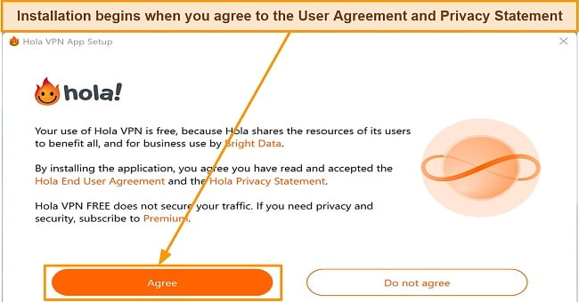 Screenshot of the Hola Agreement prompt before installation