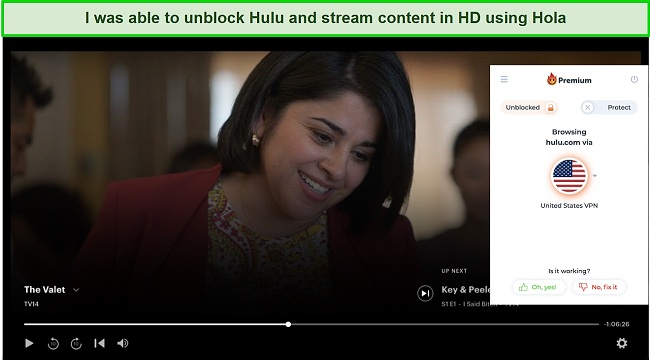 Screenshot of Hola unblocking Hulu