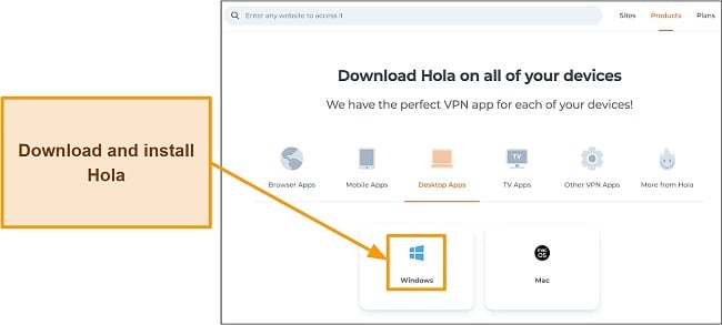 Screenshot of the Hola VPN website's application download section