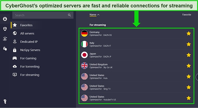 Screenshot of CyberGhost's Windows app showing the optimized server connections for NBA sports services