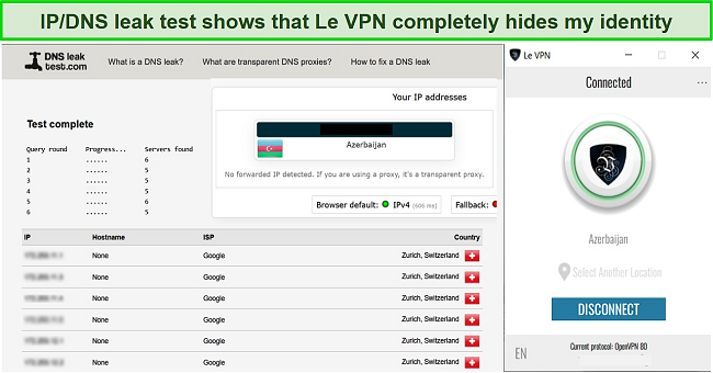 Screenshot of my IP/DNS leak test result with Le VPN connected