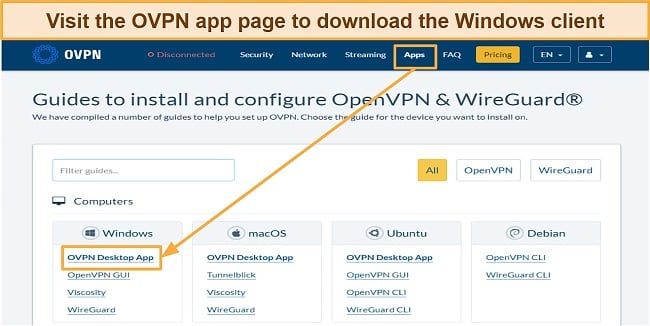 Screenshot of the download page for OVPN's setup file