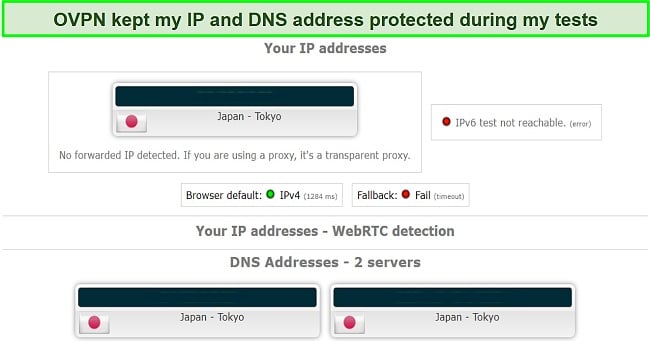 Screenshot of leak test results while using OVPN