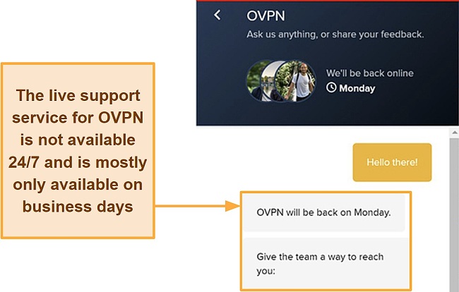 Screenshot of a support chat with OVPN