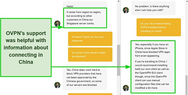 Screenshot of my live chat conversation with OVPN’s support representative