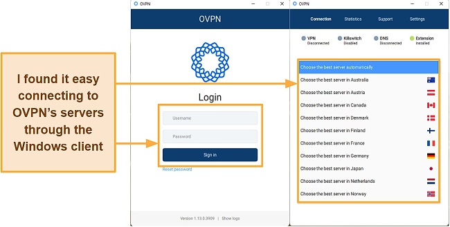 Screenshot of OVPN's Windows interface before and after login