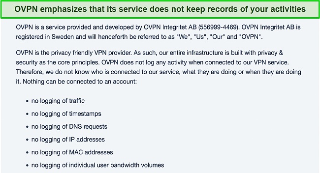 Screenshot of OVPN’s Privacy Policy