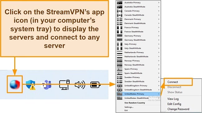 Screenshot of StreamVPN's connection and server interface