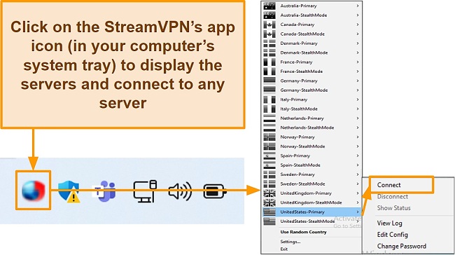 Screenshot of StreamVPN's connection and server interface