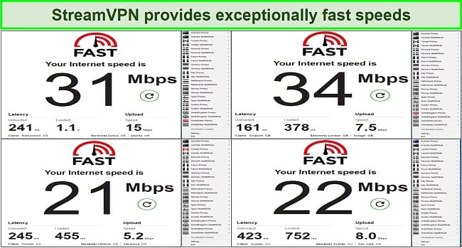 Screenshot of StreamVPN's speeds in 4 different locations