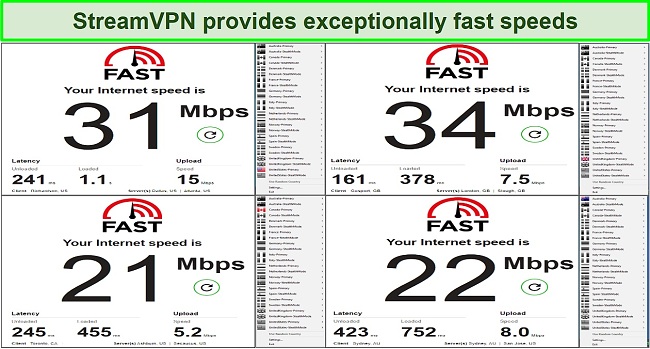 Screenshot of StreamVPN's speeds in 4 different locations