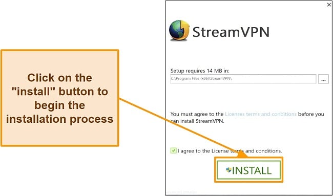 Screenshot of StreamVPN client installation interface