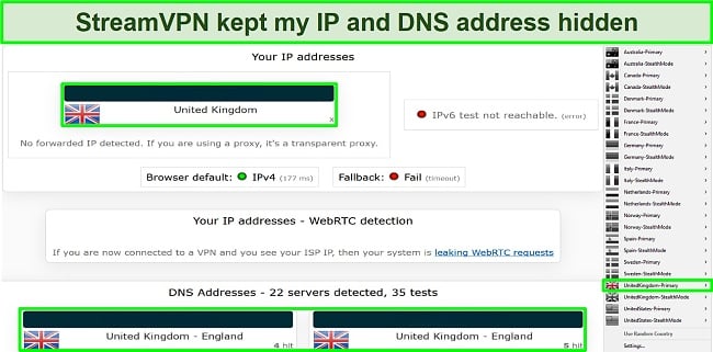 Screenshot of StreamVPN passing my IP/DNS leak test
