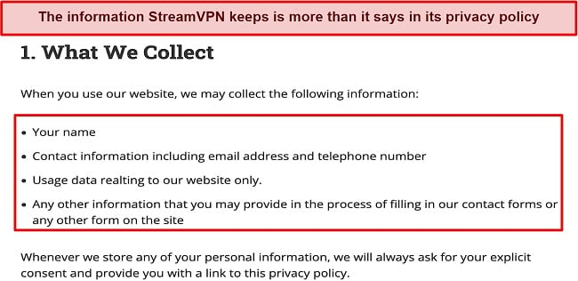 Screenshot of an excerpt of StreamVPN privacy policy