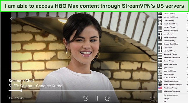 Screenshot of StreamVPN unblocking HBO Max