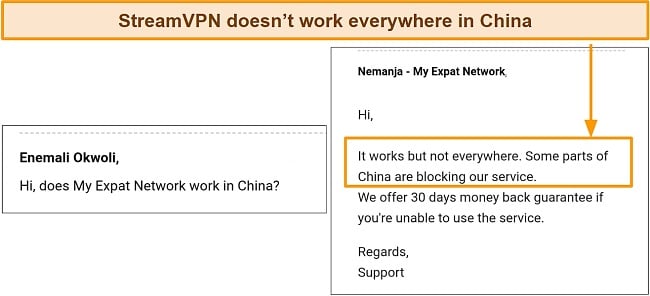 Screenshot of the chat confirming that StreamVPN doesn't work everywhere in China