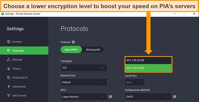 Screenshot of PIA's Windows app showing the customizable encryption levels for the OpenVPN protocol