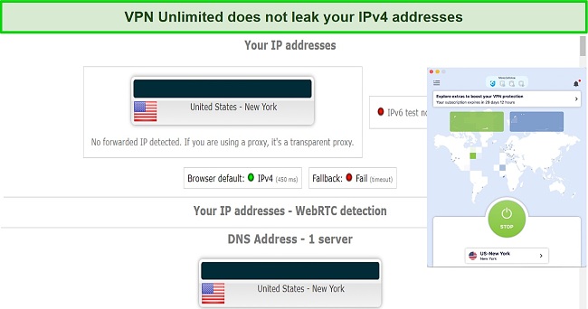Screenshot of DNS and IPv4 leak test on VPN Unlimited US server