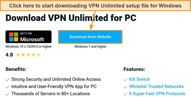 Screenshot of the download page for VPN Unlimited's Windows edition