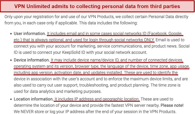 Screenshot from VPN Unlimited showing types of information it logs