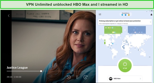 Screenshot of streaming HBO Max with an VPN Unlimited server