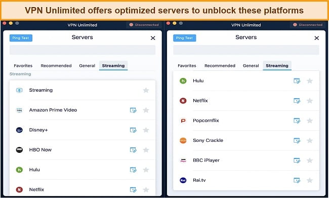Screenshot of VPN Unlimited's streaming optimized servers