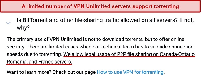 Screenshot from VPN Unlimited FAQ clarifying which servers support torrenting