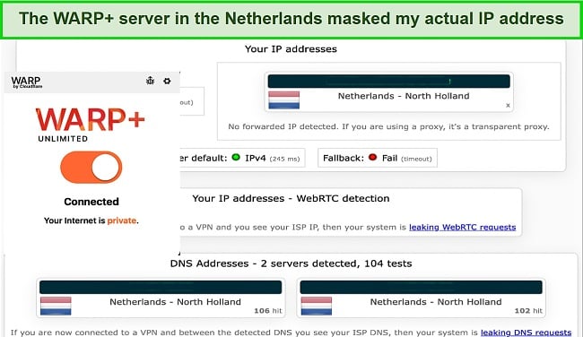 Screenshot of leak test results while using WARP+