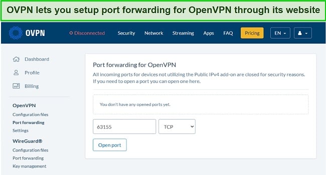 Screenshot of how to setup port forwarding option for OpenVPN on OVPN website