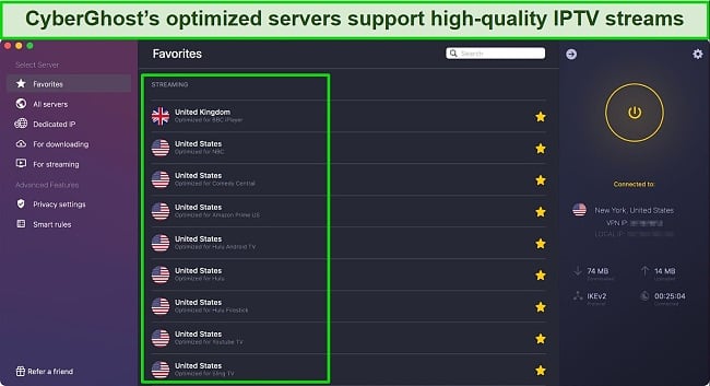 Screenshot of CyberGhost's optimized streaming services for IPTV services in the US and UK