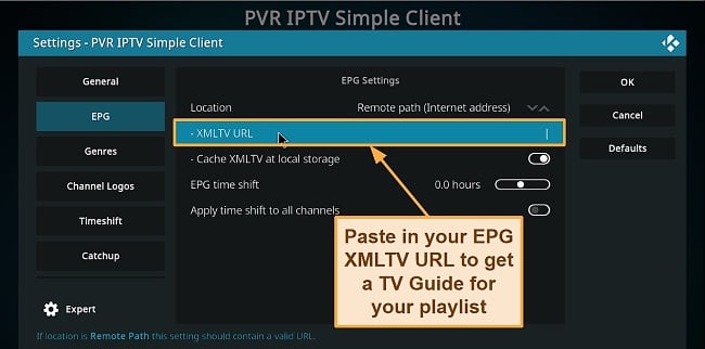 Screenshot of entering the EPG XMLTV URL on Kodi