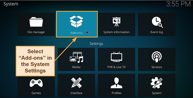 Kodi 설정 내의 추가 기능 옵션 스크린 샷