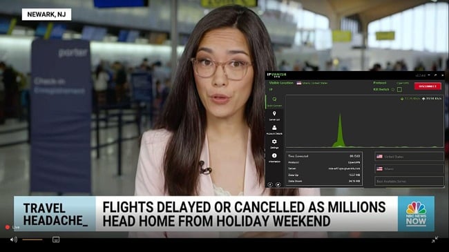 Een screenshot van NBC News terwijl je verbonden bent met IPVanish