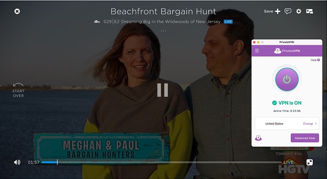 A screenshot of Beachfront Bargain Hunt playing on HGTV while connected to PrivateVPN. Affiliate link: PrivateVPN