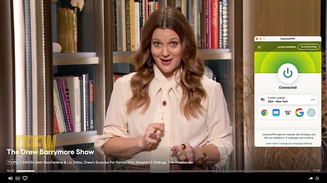 A screenshot of The Drew Barrymore Show playing on Pluto TV while ExpressVPN is connected to a server in New York, USA