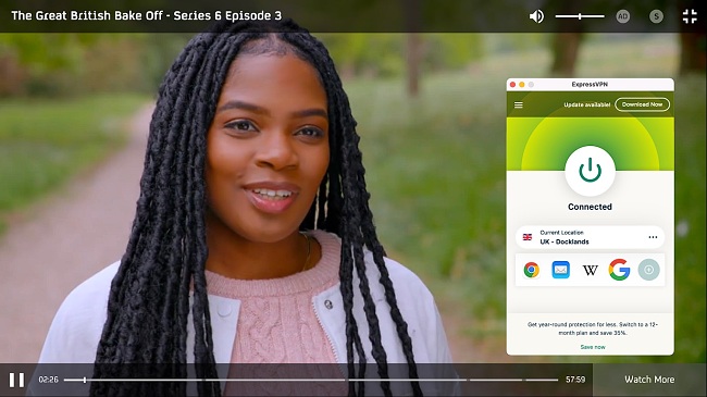 Screenshot of The Great British Bake Off playing on All 4 while ExpressVPN is connected to a server in Docklands, UK