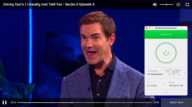 Στιγμιότυπο οθόνης του Jimmy Carr's I Literally Just Told You που παίζει στα 4 ενώ η ιδιωτική πρόσβαση στο Διαδίκτυο είναι συνδεδεμένη σε έναν διακομιστή στο Southampton, UK