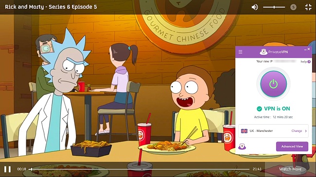 Στιγμιότυπο οθόνης του Rick and Morty που παίζουν και στα 4 ενώ το PrivateVPN είναι συνδεδεμένο σε διακομιστή στο Μάντσεστερ, UK