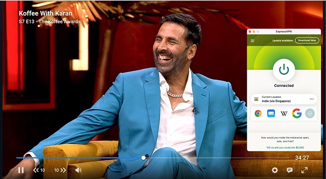 Screenshot of Koffee with Karan playing on Disney+ Hotstar India while ExpressVPN is connected to a server in India (via Singapore)
