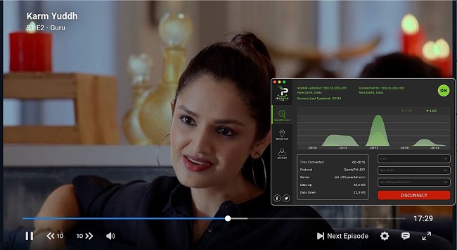 Screenshot of Karm Yuddh playing on Disney+ Hotstar India while IPVanish is connected to a virtual server in New Delhi, India